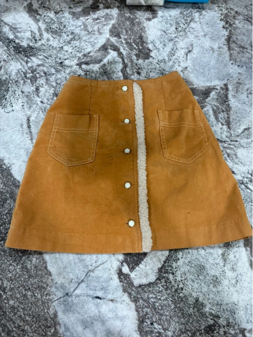 Vintage Suede Button-Up Mini Skirt with Sherpa Trim